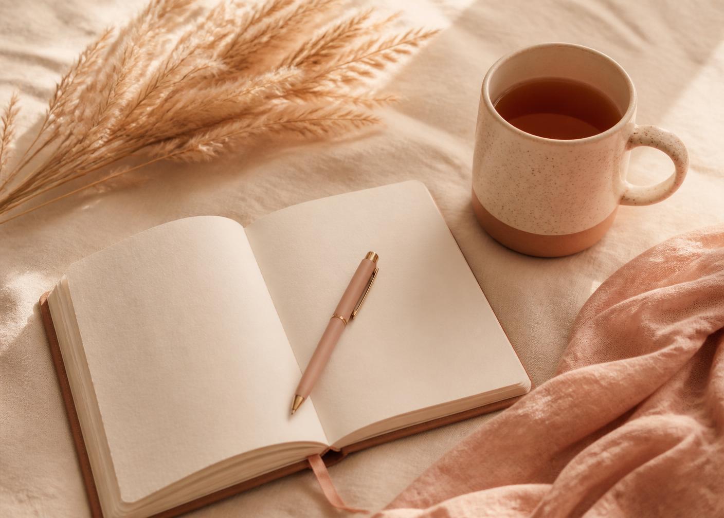 An open journal and a warm mug of tea